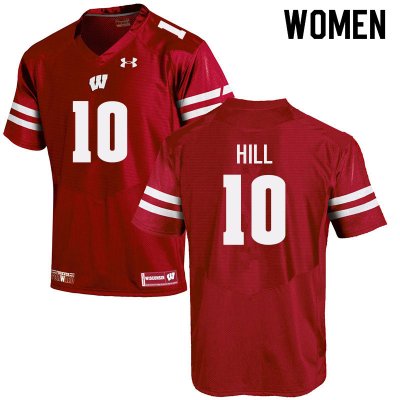 Women's Wisconsin Badgers NCAA #10 Deacon Hill Red Authentic Under Armour Stitched College Football Jersey OG31W14MU